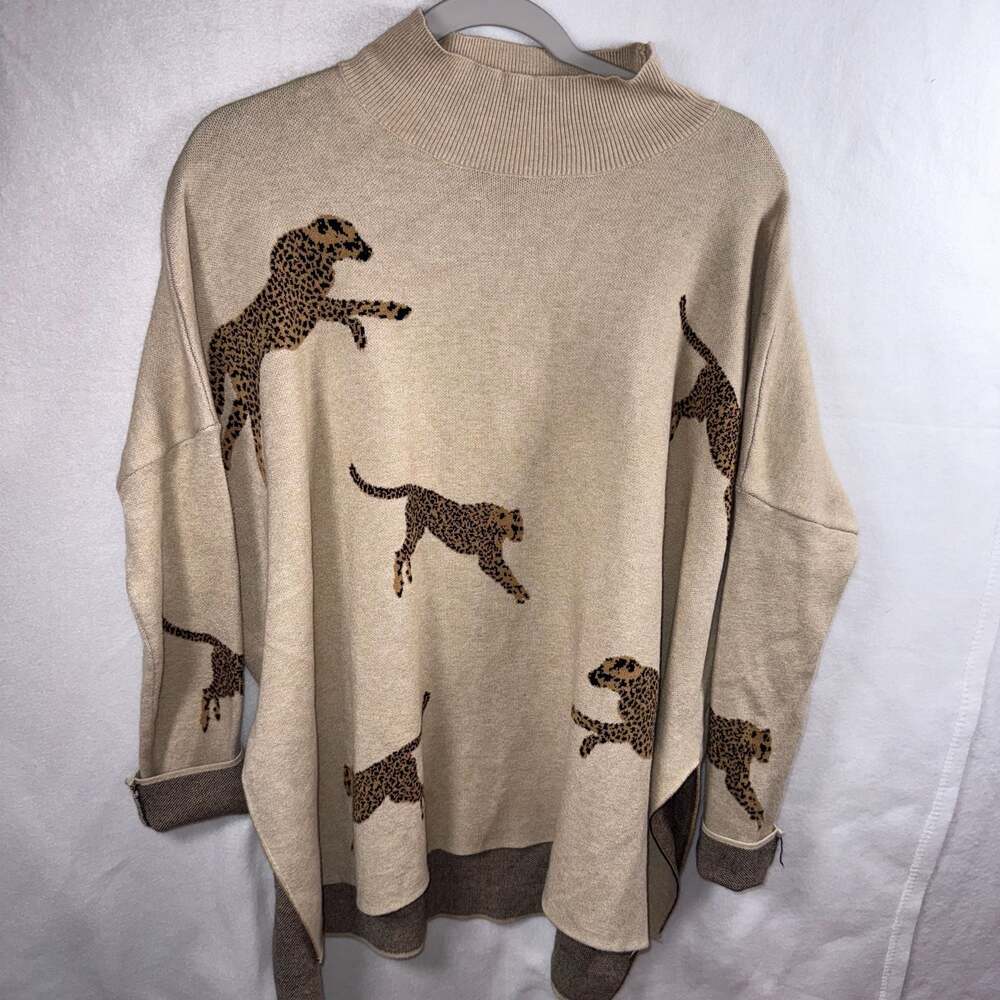 Entro Tan Leopard Print Mock Neck Oversized Poncho Sweater - Medium